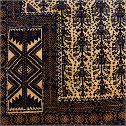 Afghan Ersari hand-knotted rug, apricot field decorated with three large octagonal gul medallions filled with geometric floral motifs, flanked by small tribal devices, end fringe fraying 97x167cm, together with a Baluch prayer rug, decorated with stylized tree motifs arranged in vertical rows beneath a stepped mihrab arch with multiple narrow borders of angular tribal motifs in shades of indigo, brown, and ochre fraying to flatweave ends, 134x84cm, (2)