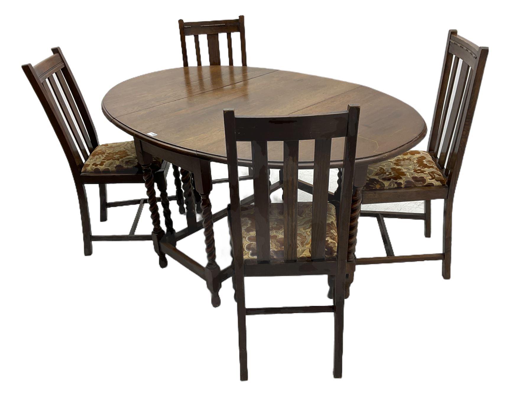 Early 20th century oak barley twist drop leaf dining table (105cm x 154cm, H74cm), and four chairs 