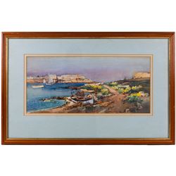 Frank Henry Mason (Staithes Group 1875-1965): 'Sliema Creek - Malta', watercolour signed titled and dated 1918, further titled on exhibition label verso 22cm x 49cm 
Notes: Mason joined the Royal Naval Volunteer Reserve at the onset of the Great War, rising to command a flotilla of Motor Launches. His postings included the East Coast of Britain but also the Suez Canal area. He visited Malta for the first time on his return journey from Egypt to England in the summer of 1916. After serving as a Dazzle Officer during 1918, he was then appointed as a War Artist at the end of the War and returned to Malta to prepare a large body of work now in the Imperial War Museum. This watercolour is dated 1918 and is one of a small group Mason painted during 1918 and 1919, independently of the IWM commission.