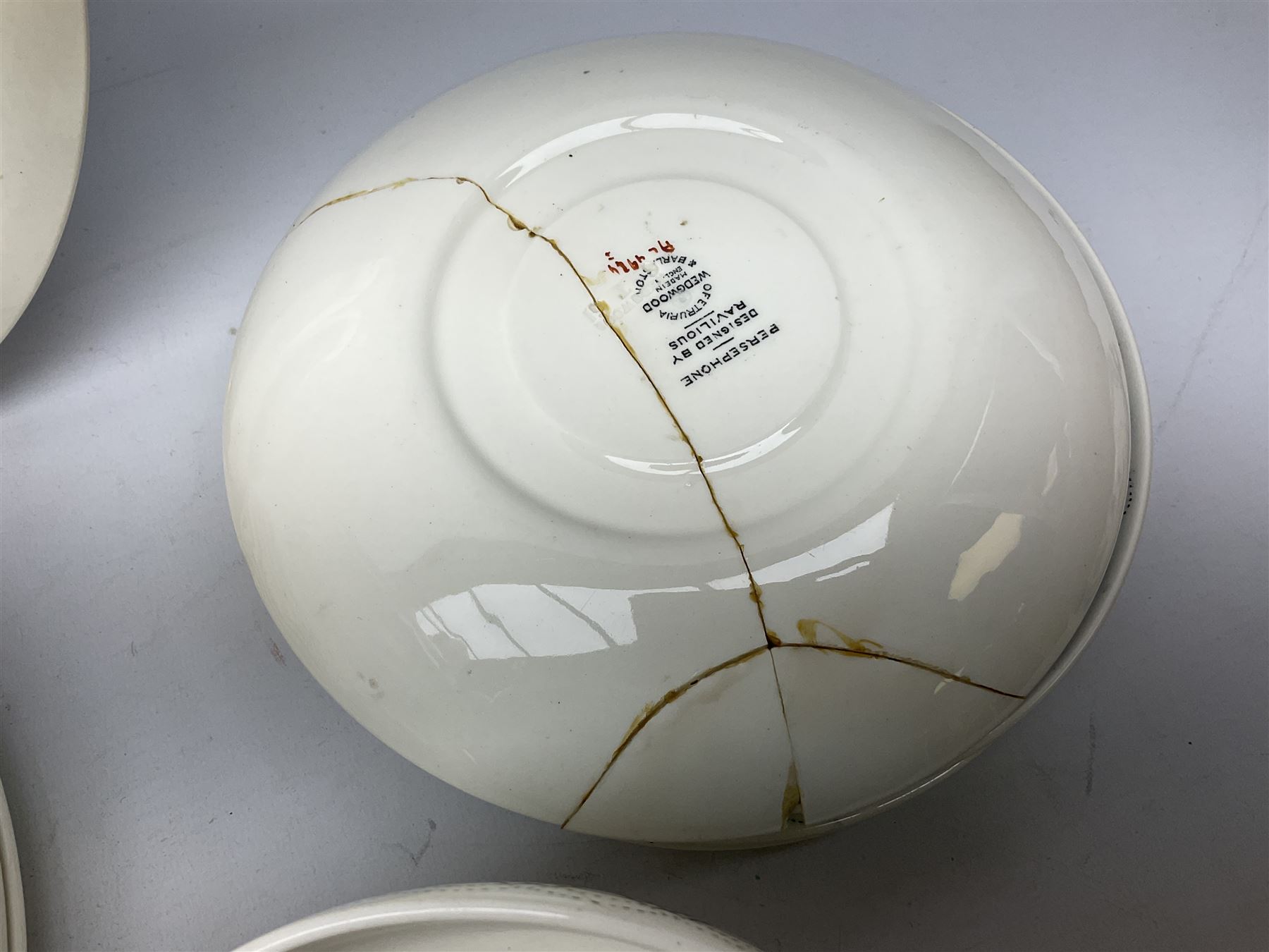 Wedgwood Persephone pattern part tea and dinner service, designed by Eric Ravilious, eight dinner plates, eight side plates, eight dessert plates, two covered tureens, meat platter, coffee pot, eight coffee cans and saucers, milk jug, covered sucrier etc (64)