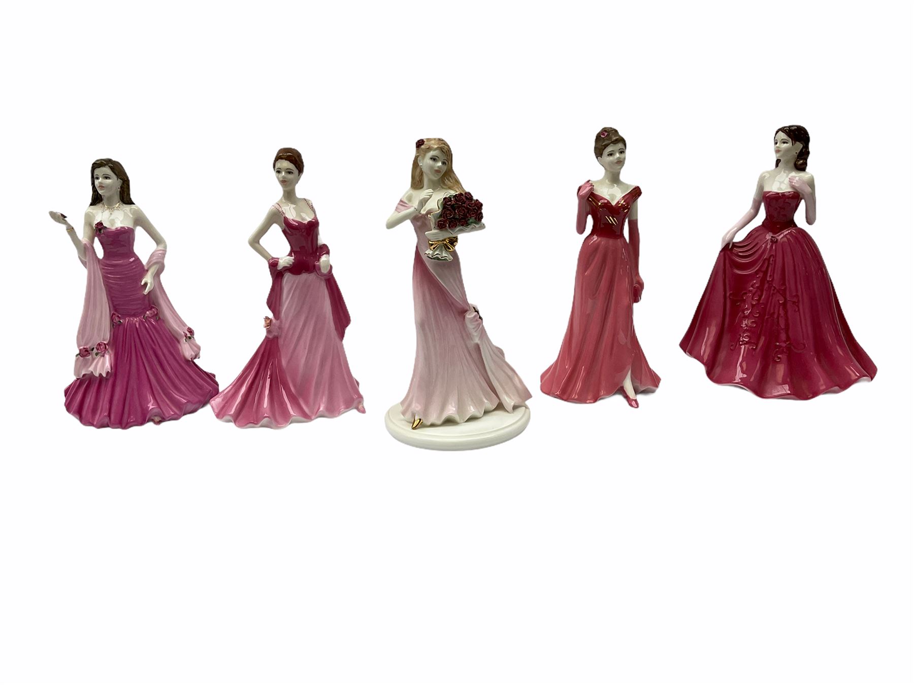 Five Royal Worcester figures, comprising Rachel, Kate, Hannah, Sarah, and Annabel, together with five Coalport figures, comprising Language of flowers I love you Roses are Red limited edition 946 of 2000, the Collingwood collection Rosemary, Ladies of Fashion Lady in Red, Elizabeth, and Josephine, each with box. 