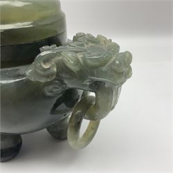 Two piece Chinese censer, sculptured hardstone, with ring and dragon-head handles and foo dog finial , H21cm