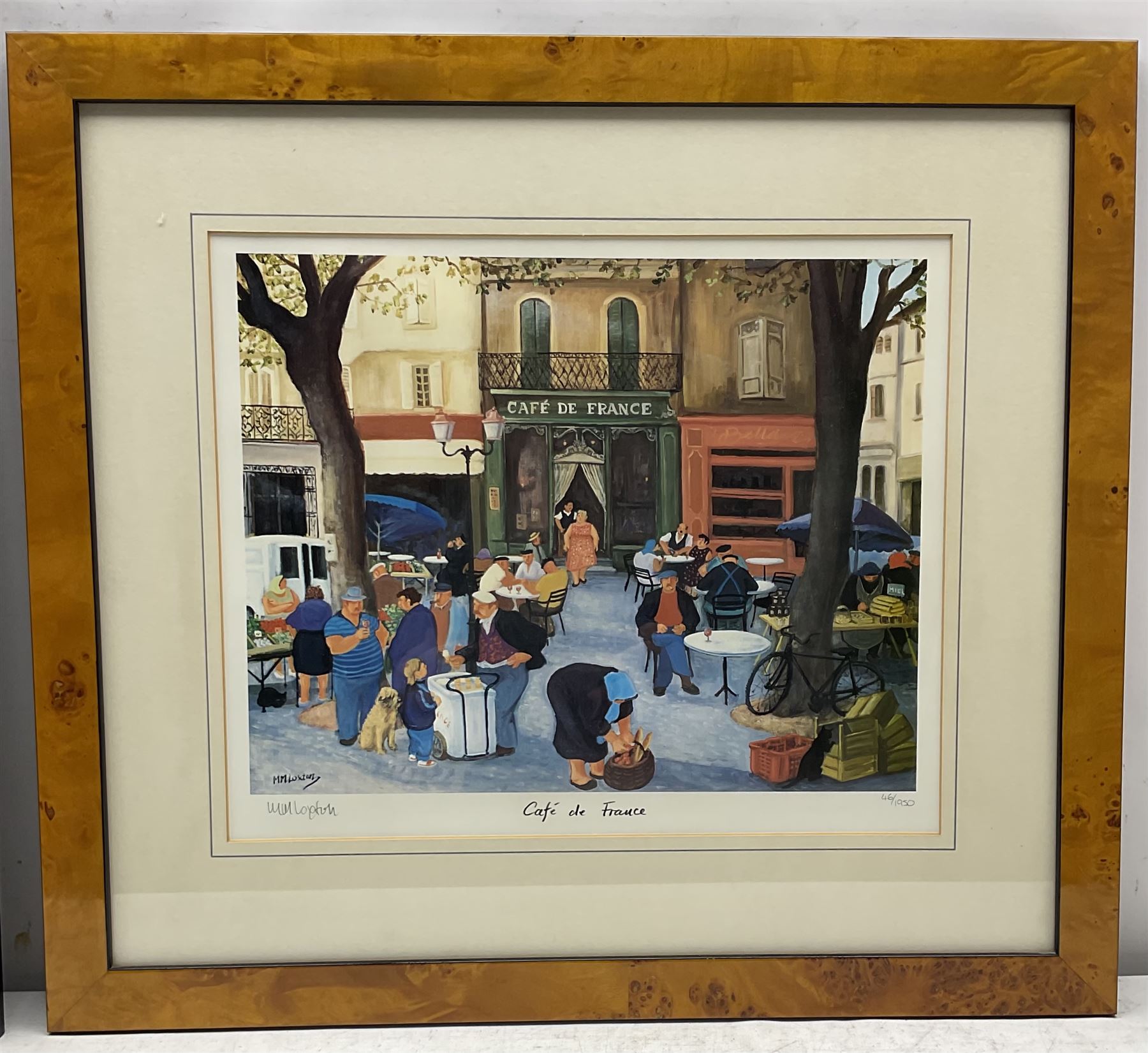 After Margaret Loxton (British 1938-): 'Cafe de France'; 'Lavender Harvest Lacoste'; 'Olives and Sunflowers' and 'Boules Players', set four limited edition colour prints signed titled and numbered /1950 max 26cm x 34cm (4)