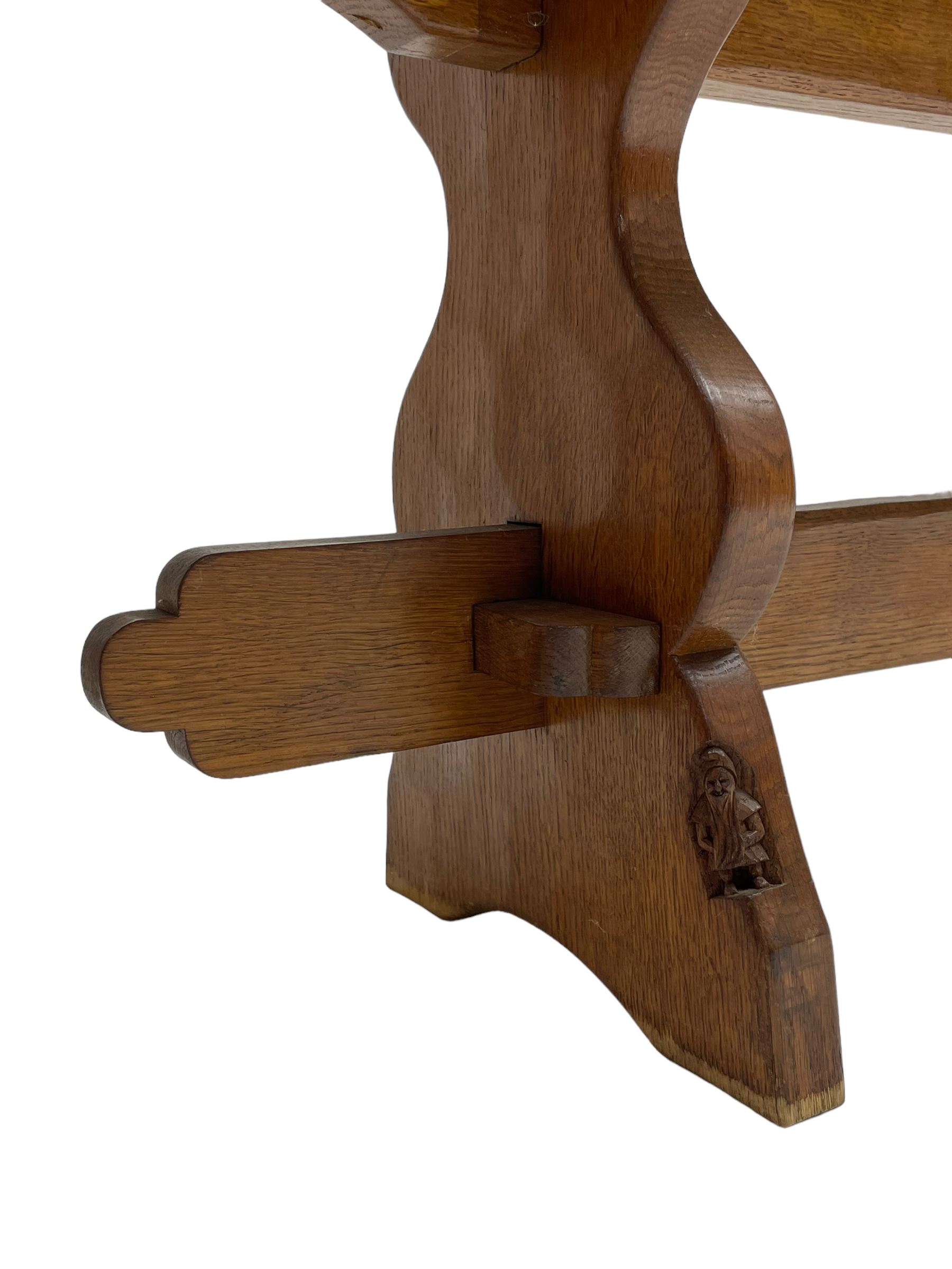 Gnomeman - adzed oak narrow bench, rectangular seat on shaped end supports united by pegged stretcher, carved with gnome signature, by Thomas Whittaker, Little Beck 