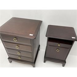 Two stag minstrel mahogany bedsides, larger chest fitted with four short drawers and smaller fitted with single short drawer and cupboard, both raised on shaped plinth base