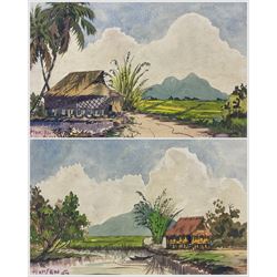 Yong Mun Sen (Malaysian 1896-1962): Coastal and Landscape Scenes with Houses, pair watercolours signed and indistinctly dated, 18.5cm x 27cm (2)