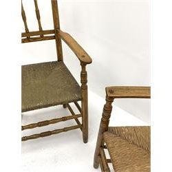 Set six early 19th century 'Whitby' country elm dining chairs, plain cresting rail over spindle turned backs, turned supports connected by stretchers, two carvers and four side chairs