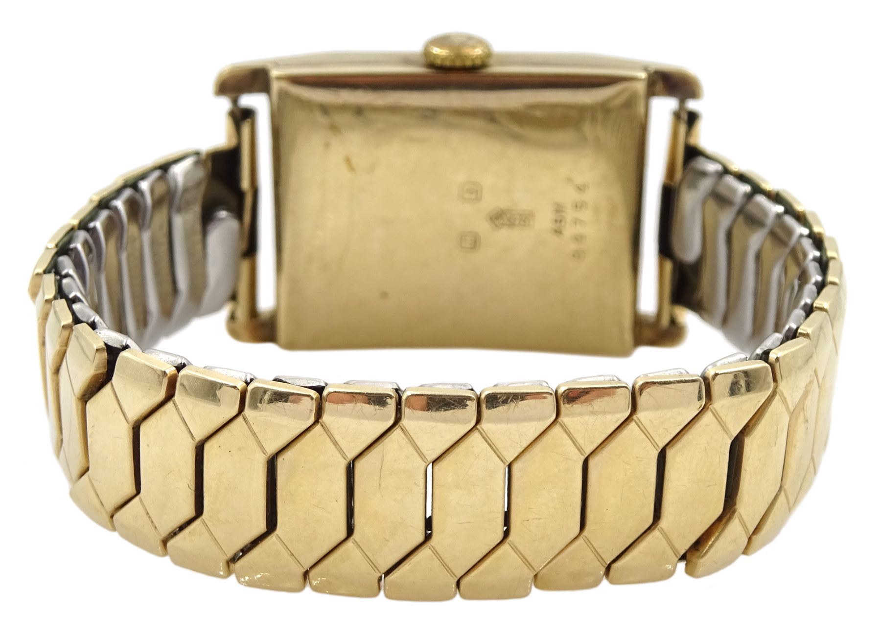 Swiss early 20th century 9ct gold manual wind Jump Hour wristwatch watch, Glasgow import marks 1932, on expanding gilt strap