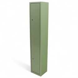 Bailey Structural Ltd green-painted steel gun cabinet, with lockable hinged door, internal shelf and foam rifle rack, complete with key