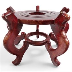 20th century Chinese famille rose fishbowl, decorated with birds in foliage, on hardwood stand, H43cm