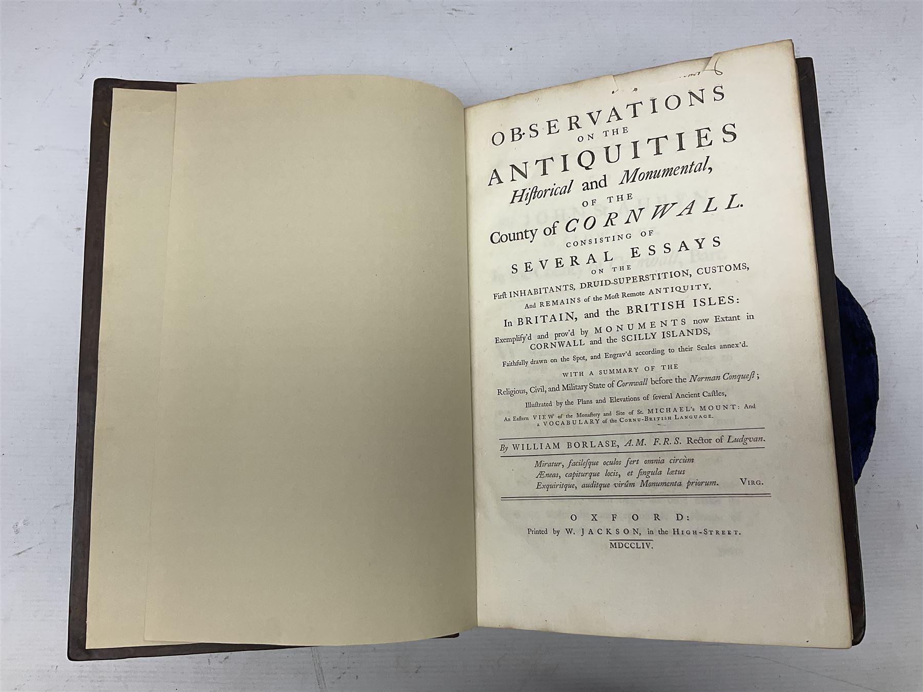 William Borlase; Observations on the Antiquities Historical and Monumental of the County of Cornwall, 1754, printed by W. Jackson, High Street, Oxford, leather bound iwth gilt detailing and lettering to spine