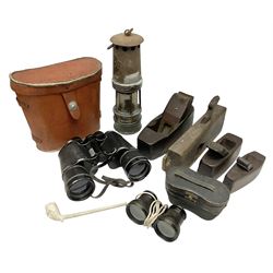 Pair of Lemaire Fabi of Paris mother of pearl opera glasses, together with Ajax 10 x 50 Ajax binoculars, four wooden planes, mining lamp and clay pipe 