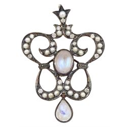 Moonstone, diamond and pearl openwork pendant, set in silver