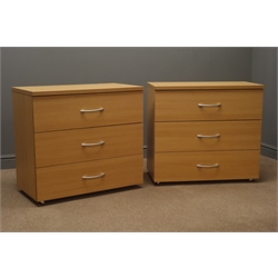  Pair oak finish chests, three drawers, W81cm, H74cm, D43cm  