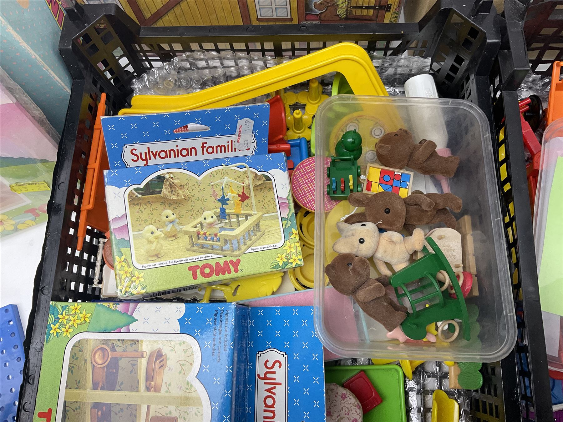 1980s Epoch Sylvanian Families - Country Kitchen Utensil Set and Playpen with Mobile; both boxed; together with assorted loose furniture, playground equipment, grocery shop stock etc; Penny's Pony Club Set in folding stable box; and boxed Bouncin' Babies Nursey Playset