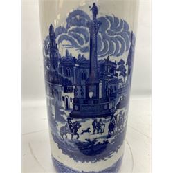 Victoria Ware blue and white umbrella stand, decorated with transfer print decorated with city scape, H43cm