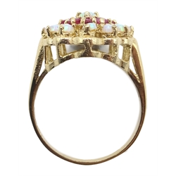  9ct gold opal and ruby cluster ring, hallmarked  