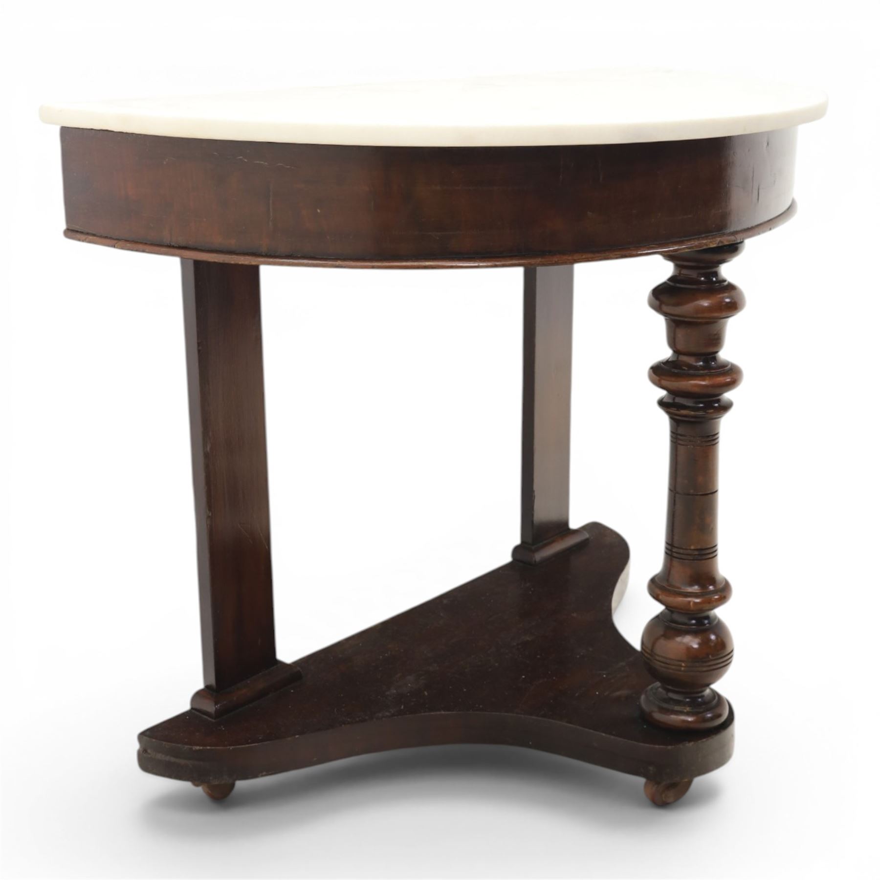 Victorian mahogany marble topped demi lune console table, raised on a turned front support, with shaped undertier, raised on castors