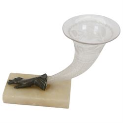 Victorian etched glass cornucopia vase, on hardstone plinth with gloved hand mount, H18cm