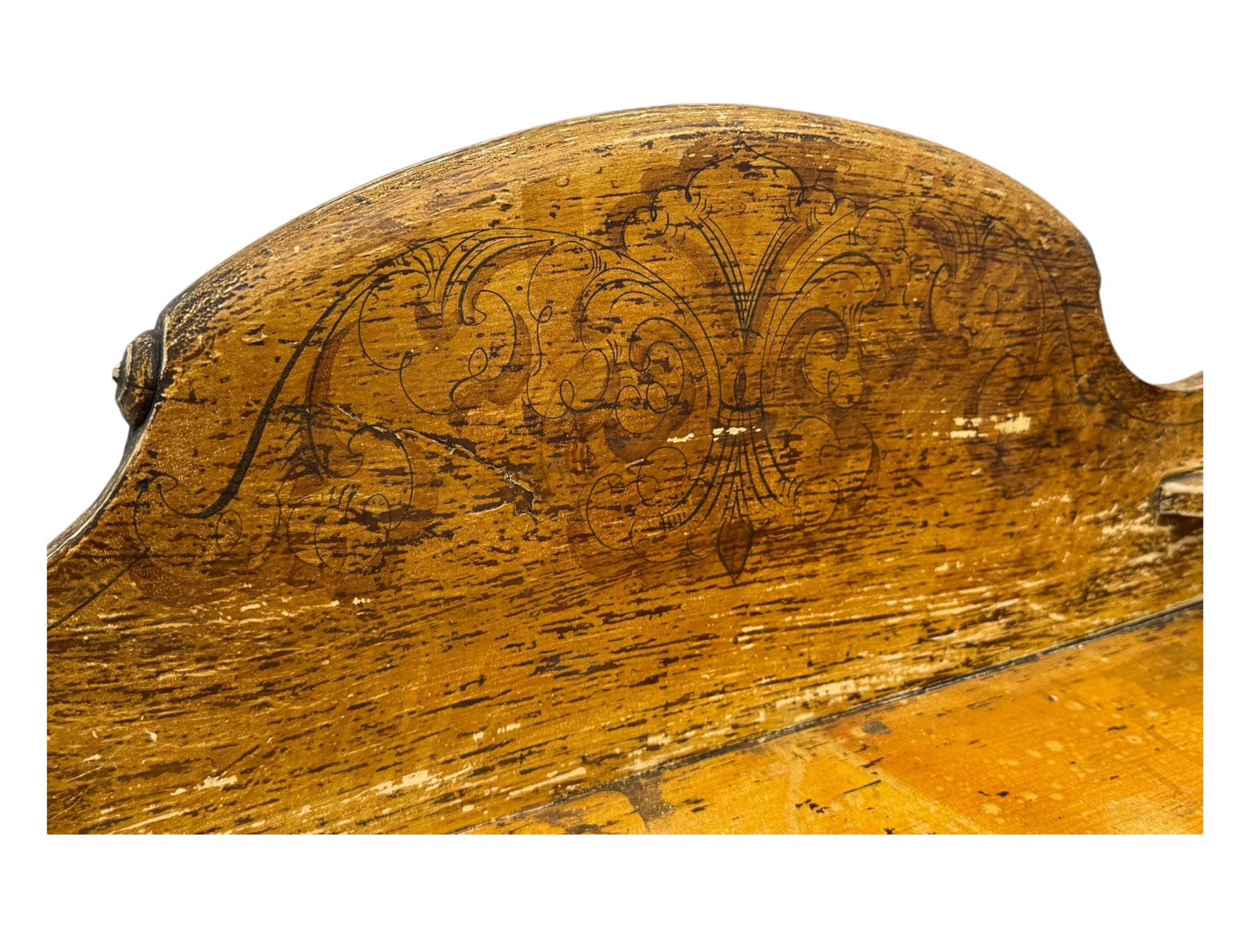 Victorian scumbled pine dressing table, rectangular top with shaped and scrolled gallery back, fitted with two drawers with ceramic knobs, on turned supports