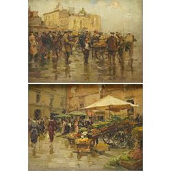 Gustavo Pisani (Italian 1877-1948): Figures and Flower Sellers in Napoli Markets, pair oil...