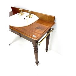 Victorian mahogany side table with inset basin and taps, raised shaped back, faux drawer, turned supports