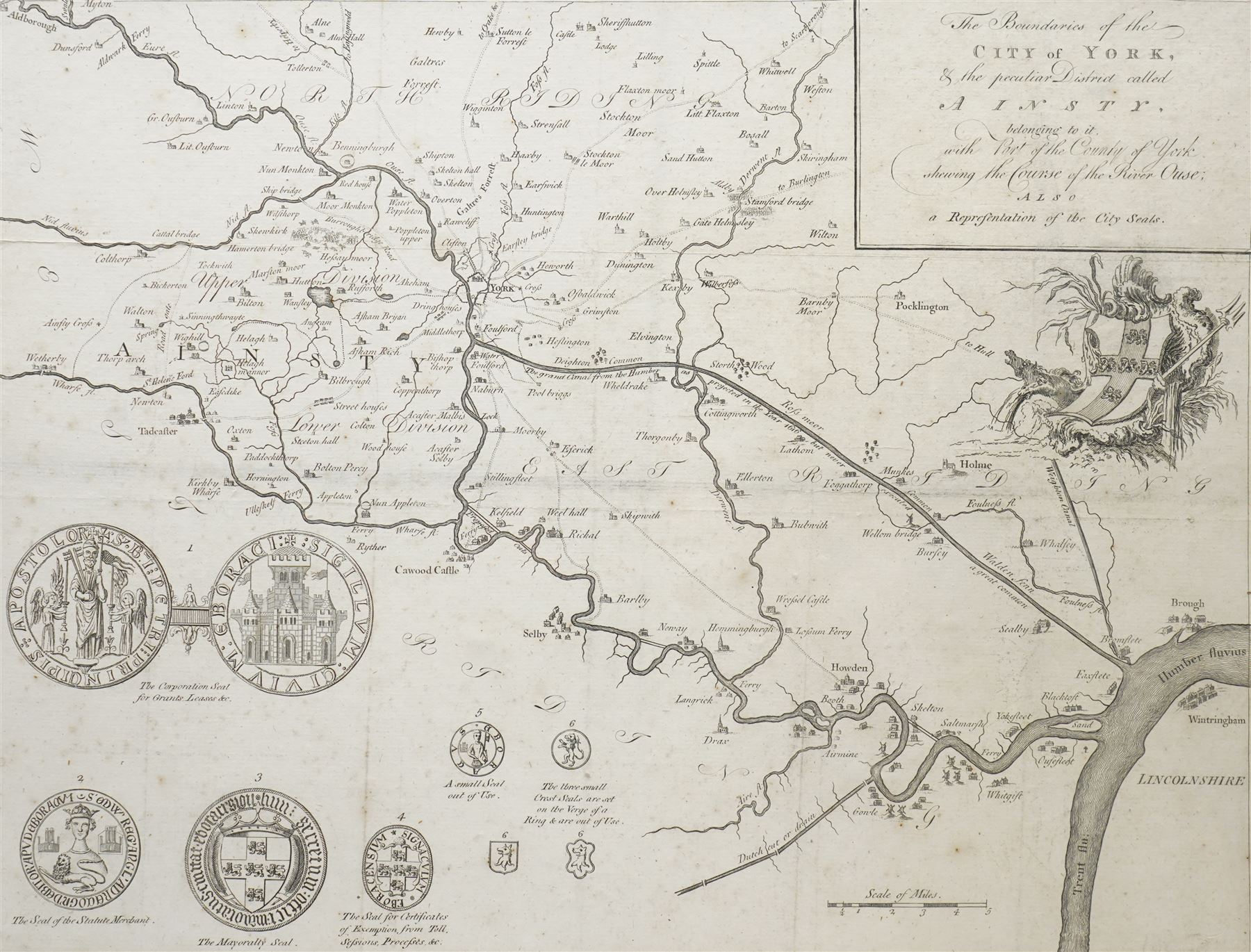Francis Drake (British 1696-1771): York and its Boundaries with Seals, 18th century engraved map with hand-colouring from pub. the History and Antiquities of the City of York 1736, 35cm x 46cm