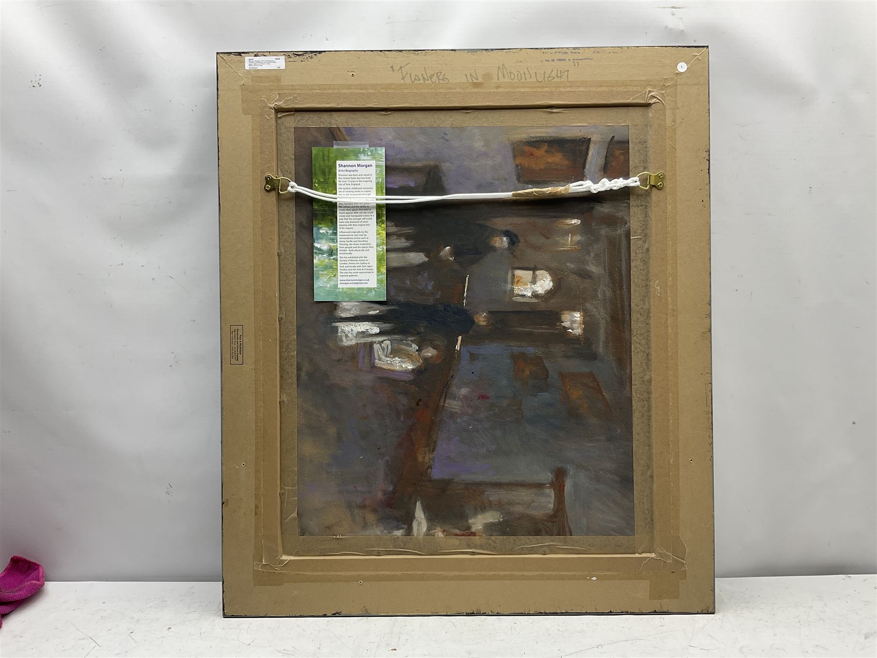 Shannon Morgan (USA 1966-): 'Flowers in Moonlight', oil on artist's board signed, titled verso 60cm x 50cm
Notes: Shannon was born and raised in the USA but for the last fifteen years has lived and worked in the City of York. Exhibiting with the Society of Women Artists in London, the Ferens Gallery Hull and the York Art Society