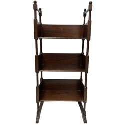 Small early 20th century mahogany three-tier open bookcase, turned and block supports, on sledge feet