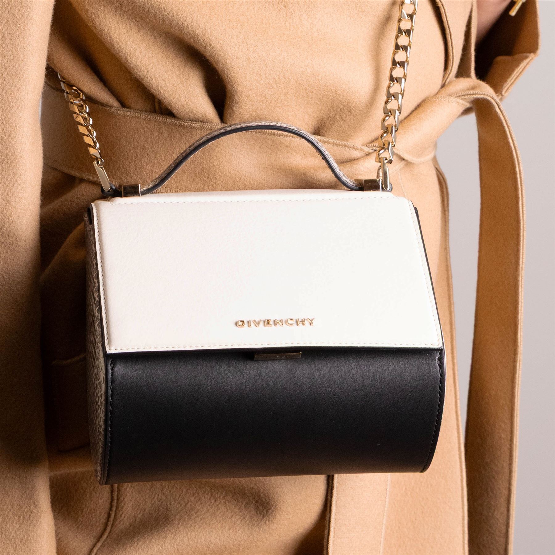Givenchy - ‘Pandora Box’ Mini Bag, introduced circa 2016, in white and black leather with contrasting python side panels and top handle, with gold-tone shoulder or crossbody chain strap and hardware, unused with original dust bag