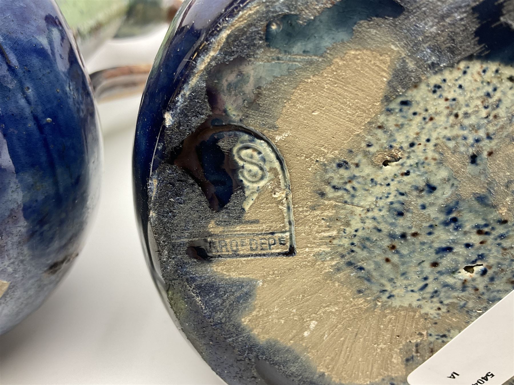 Pair of Art Nouveau style vases, probably Belgian, each with merging blue, brown and green decoration and three handles, impressed LSV beneath, H32cm