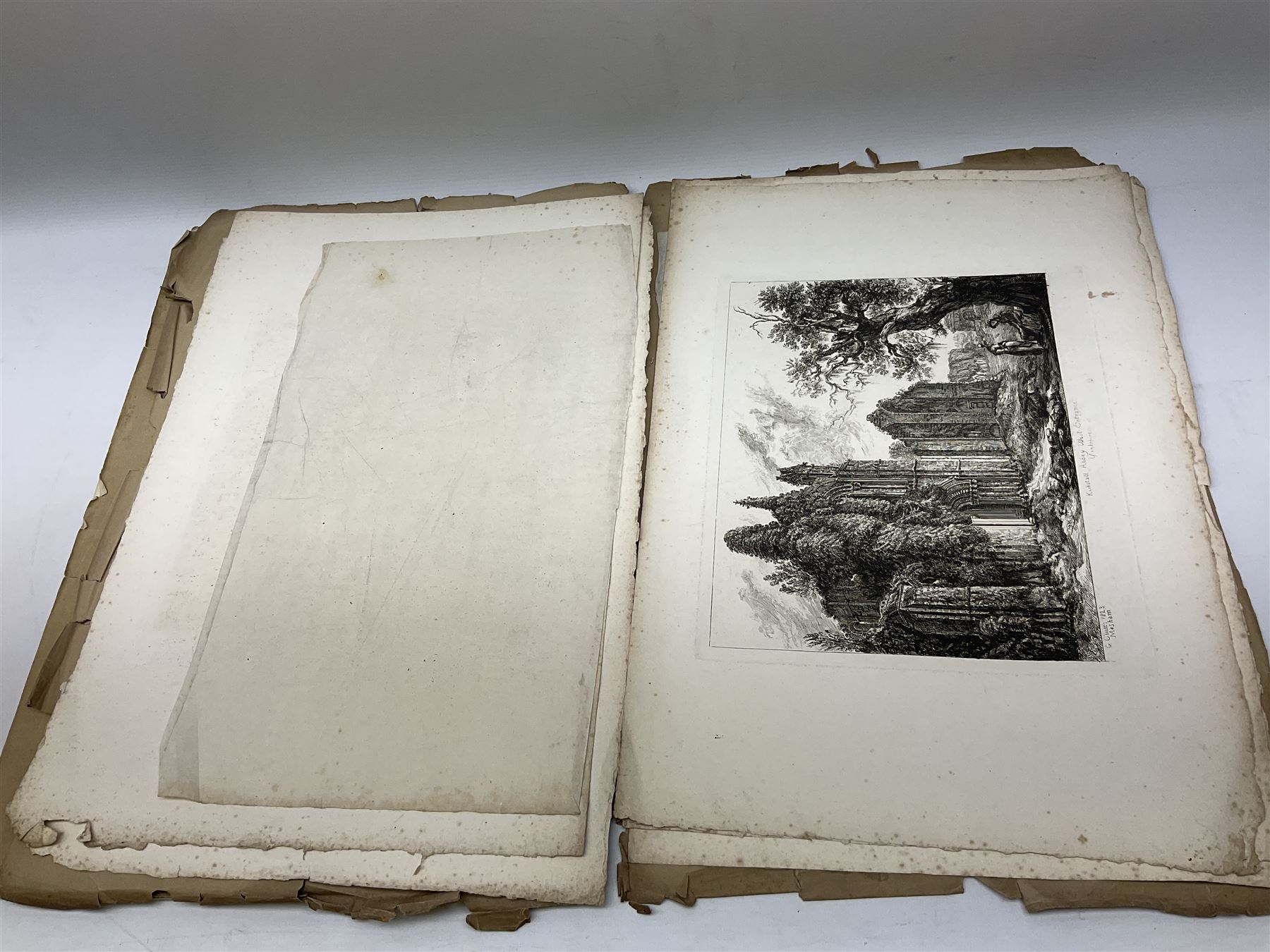 George Cuitt Jnr (British 1779-1854): 'Select parts of Kirkstall Abbey', complete set six etchings signed titled and dated 1823 in the plate, oblong folio; J Metcalf and J Carmichael (British 18th/19th century): 'Fountains Abbey Intended To Illustrate The Architecture And Pictureseque Scenery Of That Celebrated Ruin', seven etchings (one missing) pub. 1832 with Historical and Architectural Description by T Sopwith, oblong folio; Augostino Aglio (Italian 1777-1857): 'Sketches of the Interior & Temporary Decorations in Woolley-Hall Yorkshire', complete set 22 lithographs dated 1821, pub. by the artist, oblong folio max 54cm x 37cm (3)