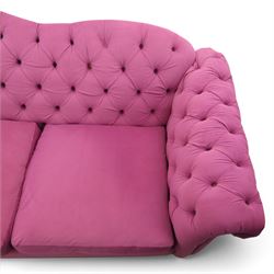Joules - Windsor Chesterfield three seater sofa in pink velvet, shaped back with deep buttoned sides, loose seat cushion raised on turned and shaped supports