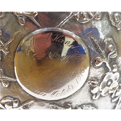  Early 20th century Chinese export silver beaker, embossed prunus decoration by Luen Wo, Shanghai, cartouche inscribed 'Billard Handicap 1st prize H E Olsen... 1916' 10cm, approx 6oz  