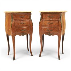 Louis XV style pair of kingwood and marquetry bedside chests, with shaped marbled tops, fi...