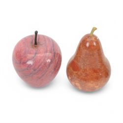 Two polished hardstone obelisks, together with other polished hardstone including egg, spheres, apple, pear and vase, tallest obelisk H20cm