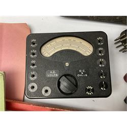 AVO valve tester, British Patent 480752 by the Automatic Coil Winder & Electrical Equipment Co Ltd, together with 16-type plug board with connecting lead, AVO wide range signal generator with original instruction manural and AVO multimeters mk2 and mk4 etc