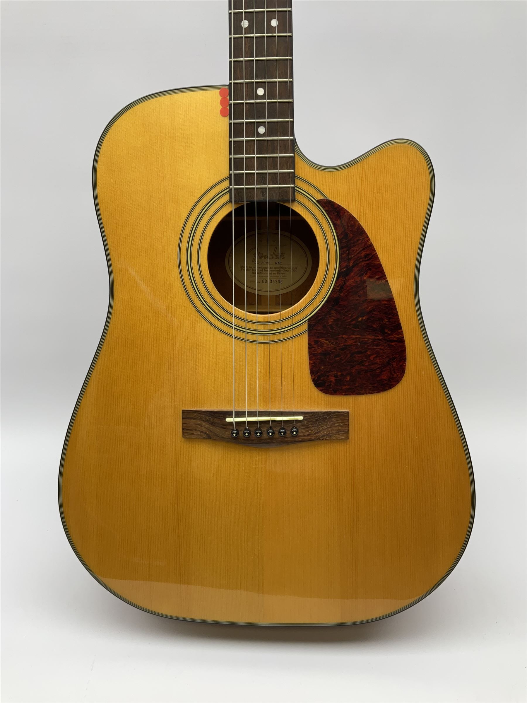 Fender model DG-20CE NAT semi-acoustic guitar with mahogany back and sides and spruce top, serial no. 03035336, L104cm, in fitted carrying case