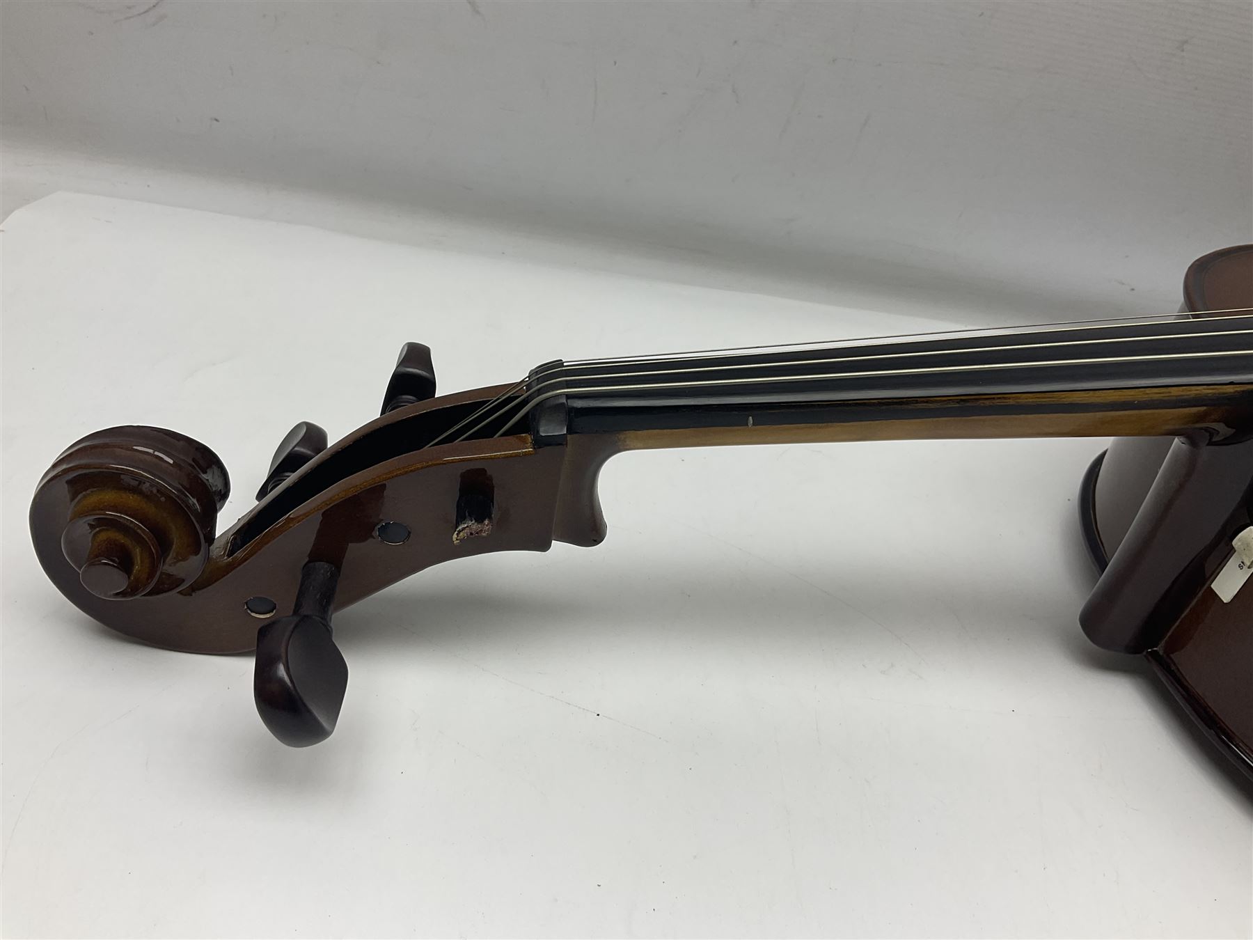 Stentor Student I quarter-size cello with 59.5cm two-piece maple back and ribs and spruce top; bears maker's label with serial no.M072648 L95.5cm overall; in Stentor soft carrying case with bow