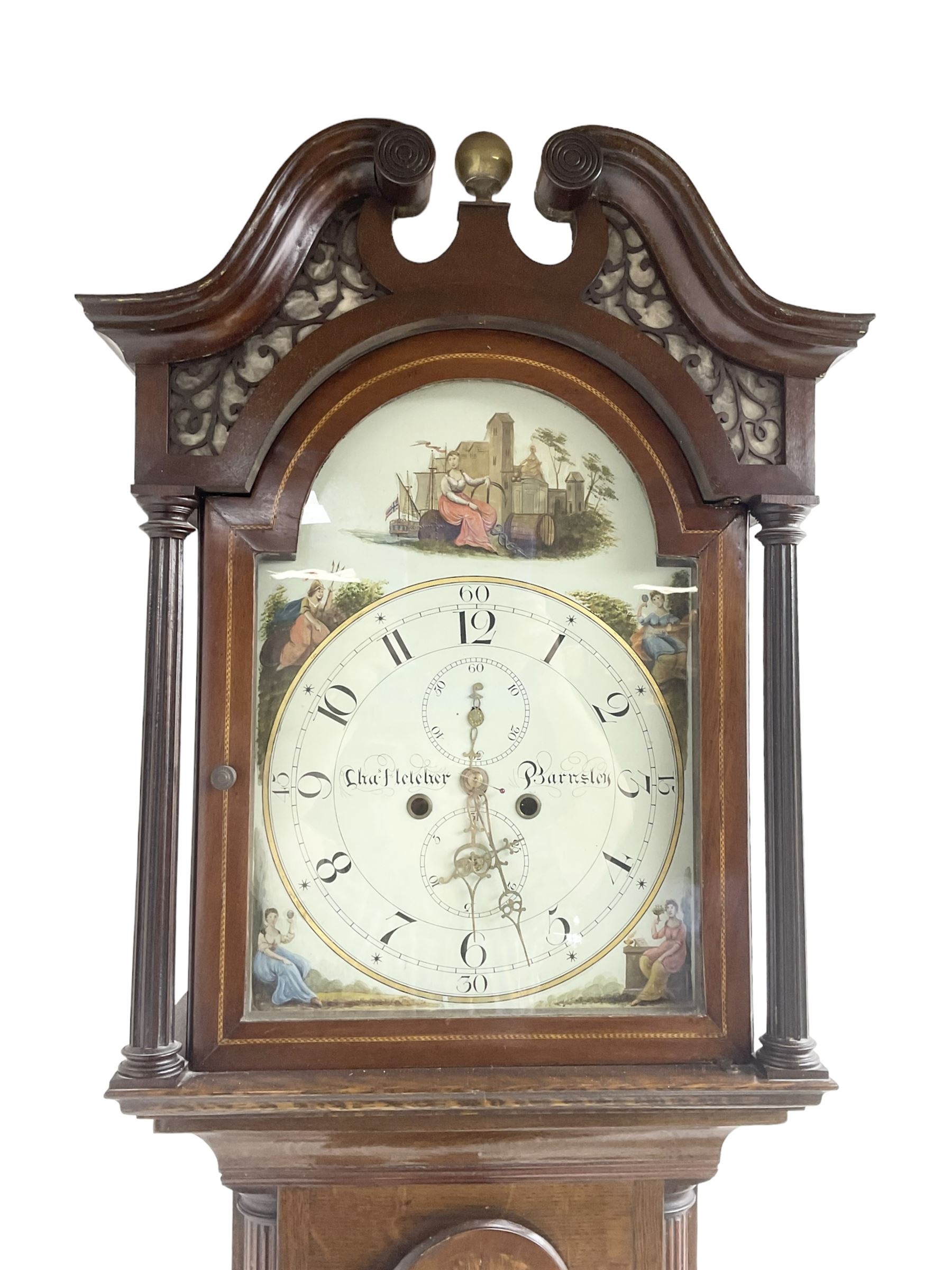 Charles Fletcher of Barnsley - Oak and Mahogany 8-day longcase clock, c 1830, with a swans neck pediment, silk backed open fret work beneath and a break arch hood door, flanked by reeded pilasters with wooden capitals, trunk with reeded quarter columns and a break arch topped door, plinth with inlaid banding on a shaped base, painted dial with Arabic numerals, seconds and date dials, stamped brass hands and painted depictions of the four seasons to the spandrels, dial pinned via a false plate to a rack striking movement with a recoil anchor escapement, striking the hours on a cast bell. With weights and pendulum.