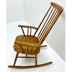 Ercol style elm and beech rocking chair, stick back, turned supports