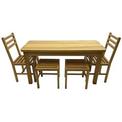 Light beech rectangular dining table; together with two chairs and two stools 
