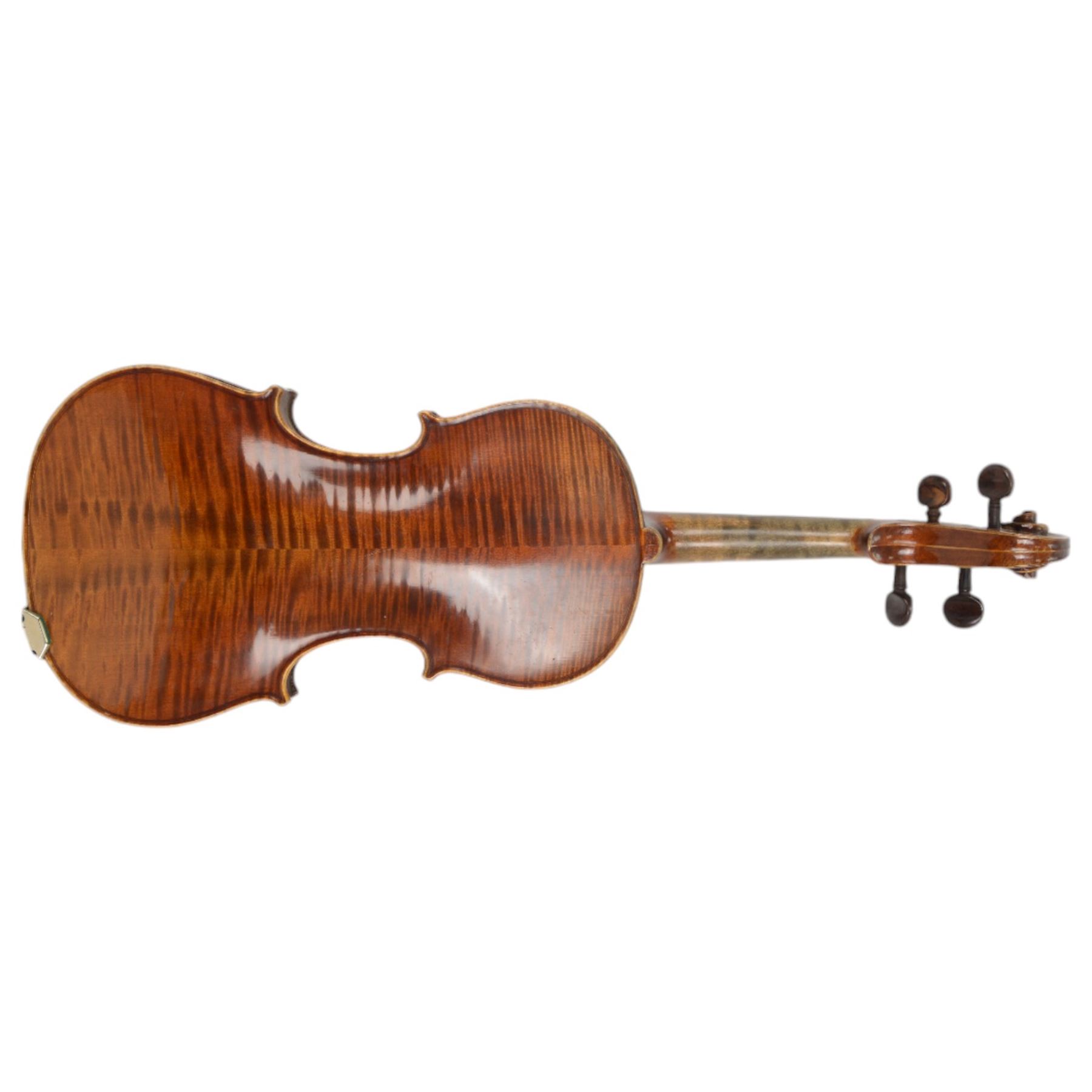 Late 19th century full size German violin with a  Wolff Brothers label, scroll with ebony pegs, finger board and tail piece, in a hard case with bow. Length 60cm

This item has been registered for sale under Section 10 of the APHA Ivory Act