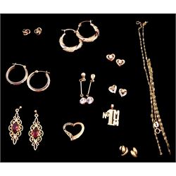 Collection of 9ct gold jewellery including two pairs of hoop earrings, pendants, stone set earrings, necklace etc, hallmarked or tested