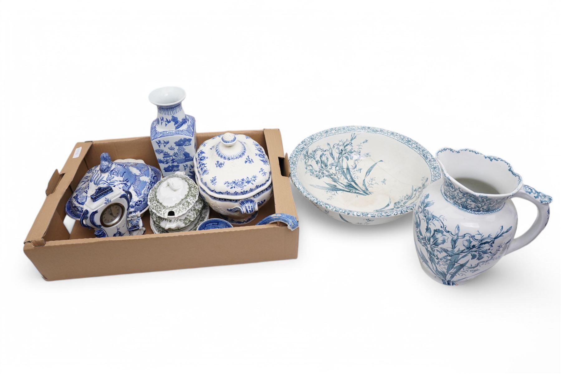 Minton blue and white soup tureen, Willow pattern vegetable dish and cover, Doulton ewer and basin and other items