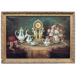Anna Meszaros (Hungarian 1905-1998): Still Life of Tea Set and Mantle Clock on Table, oil on canvas signed 60cm x 90cm