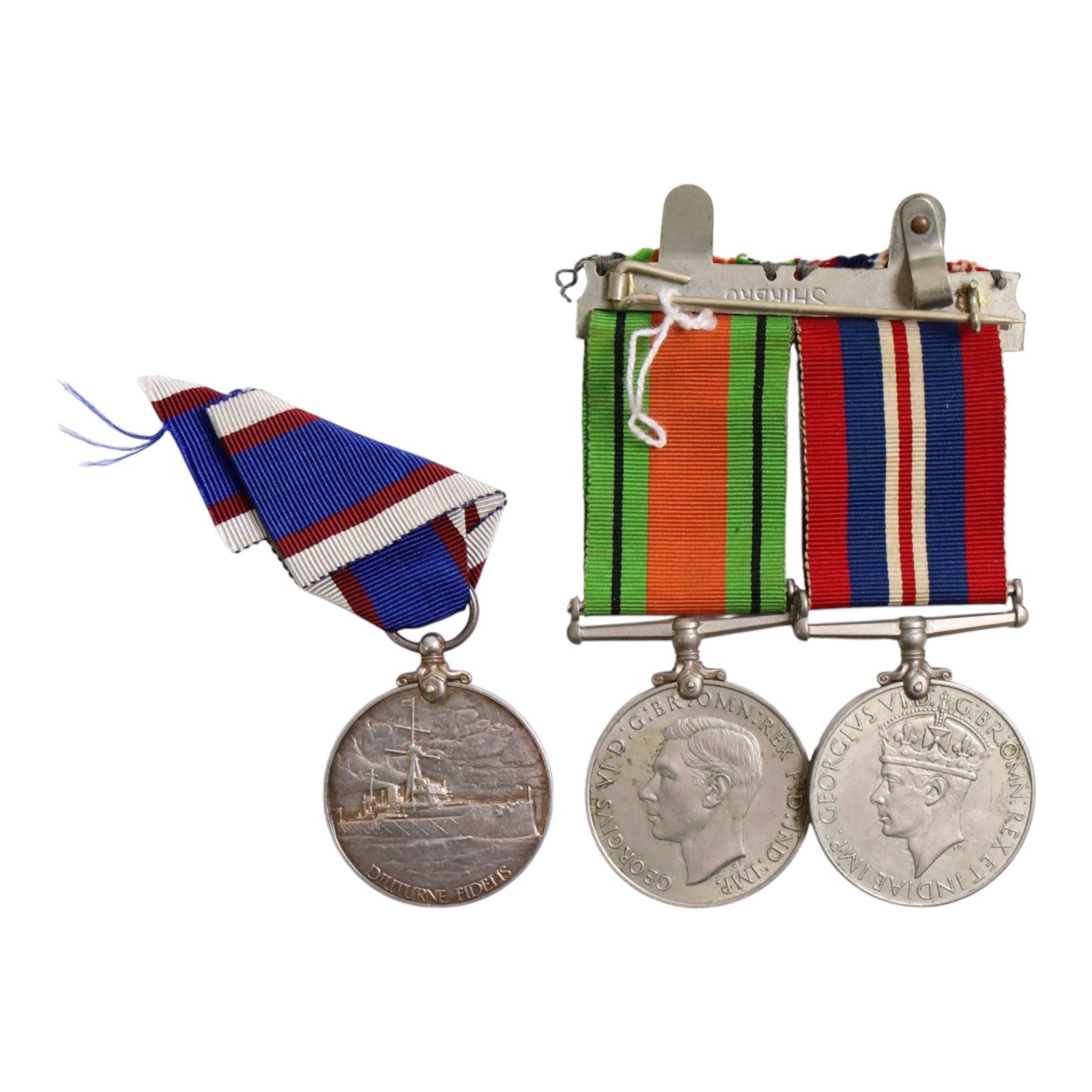 WWII medal group, comprising Defence medal, War medal, African Star, France and German Star and Royal Fleet Reserve Long Service, the latter awarded to Ch.X.90 (B.3538) W. Fletcher . MNE R.F.R