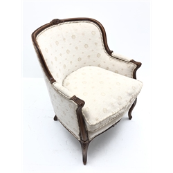  French walnut framed upholstered armchair, moulded frame with floral carved cresting and reeded scroll arms, loose seat cushion and serpentine frieze on cabriole legs, H93cm, W71cm, D68cm (mao1203)   