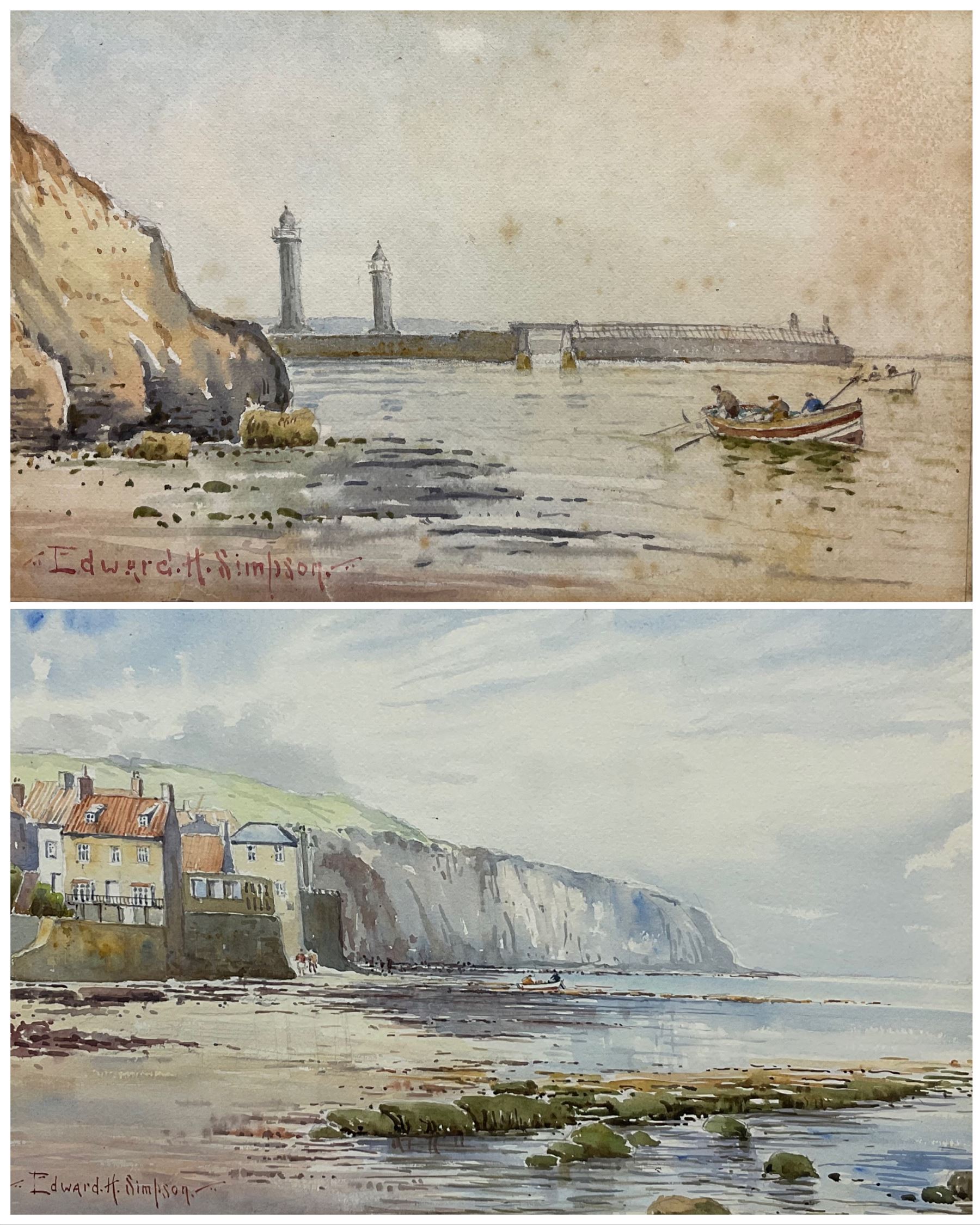 Edward H Simpson (British 1901-1989): 'On the Beach at Robin Hood's Bay' and 'The Old Lighthouses Whitby', two watercolours signed, labelled verso 27cm x 42cm (2)