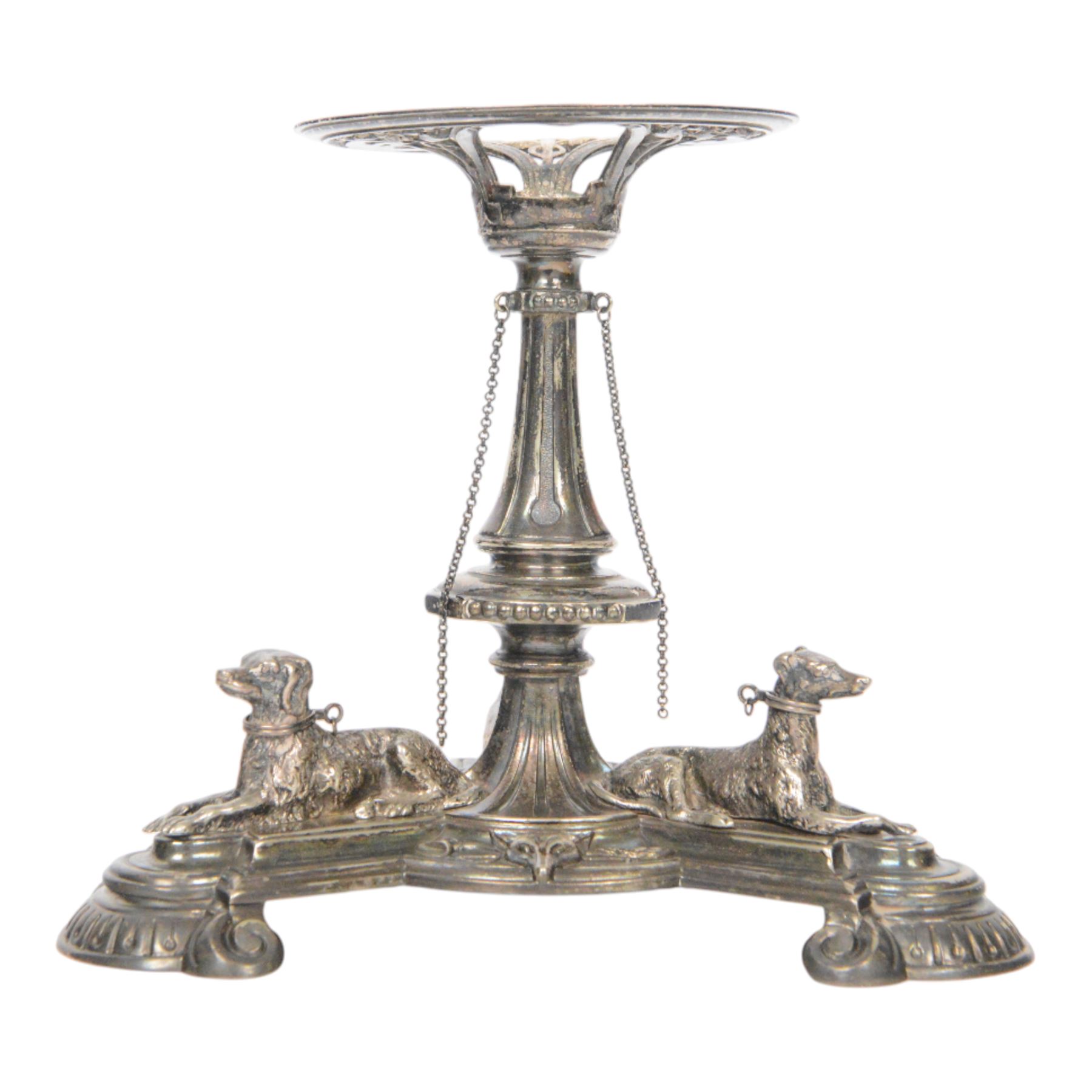 Edwardian silver plated centrepiece stand, the tripart base with applied recumbent hunting dogs interspersed with fox masks and game birds, the central knopped and tapering stem leading to a circular stand, marked 3251 beneath, H22cm  